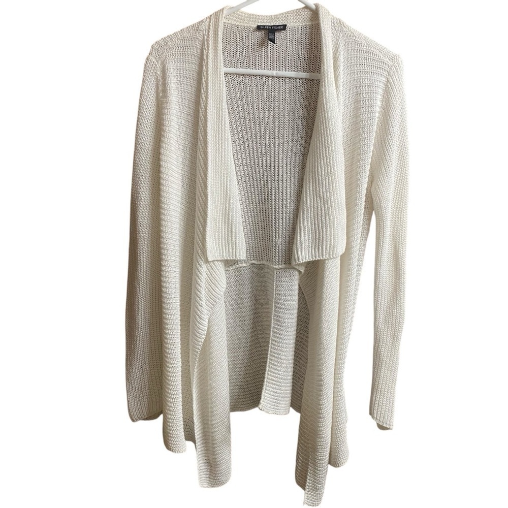 Eileen Fisher White Open Front Drape Knit 100% Organic Linen Cardigan Size S